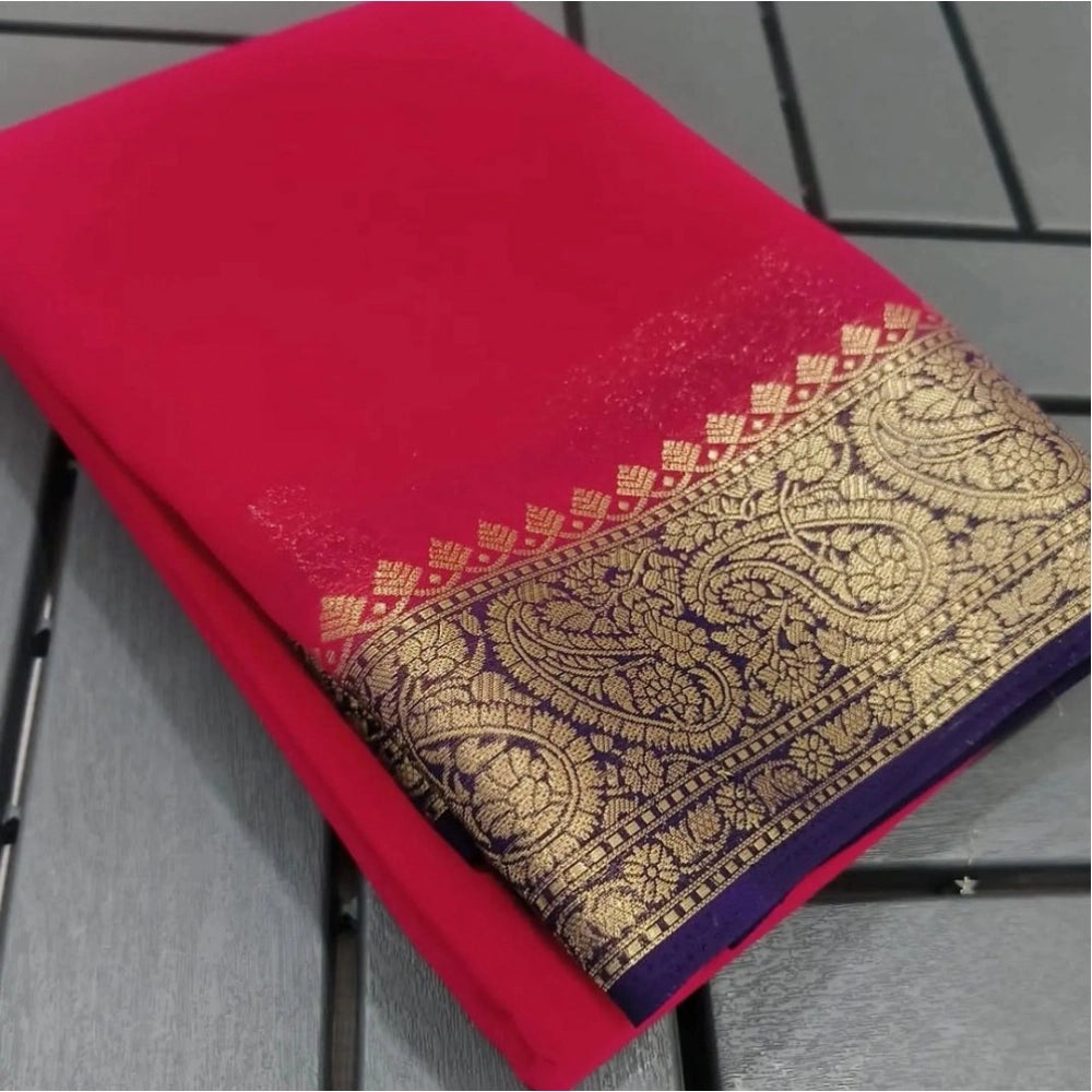 Women's Crepe Chit Pallu Solid Saree With Unstitched Blouse 5.5Mtr闁?Red)