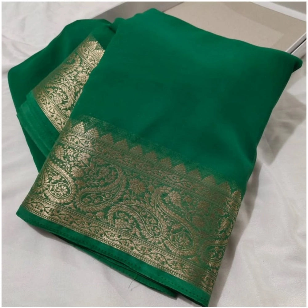 Women's Crepe Chit Pallu Solid Saree With Unstitched Blouse 5.5Mtr闁?Green)