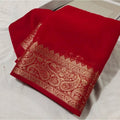Women's Crepe Chit Pallu Solid Saree With Unstitched Blouse 5.5Mtr闁?Red)