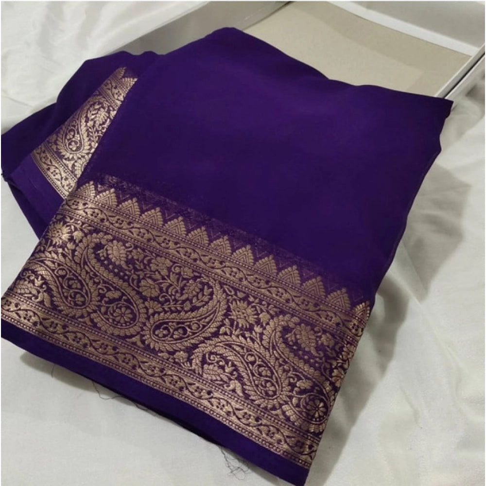 Women's Crepe Chit Pallu Solid Saree With Unstitched Blouse 5.5Mtr闁?Purple)