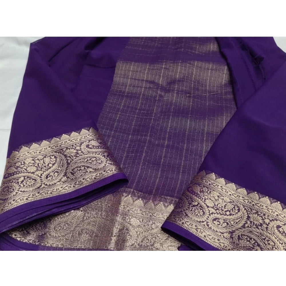 Women's Crepe Chit Pallu Solid Saree With Unstitched Blouse 5.5Mtr闁?Purple)