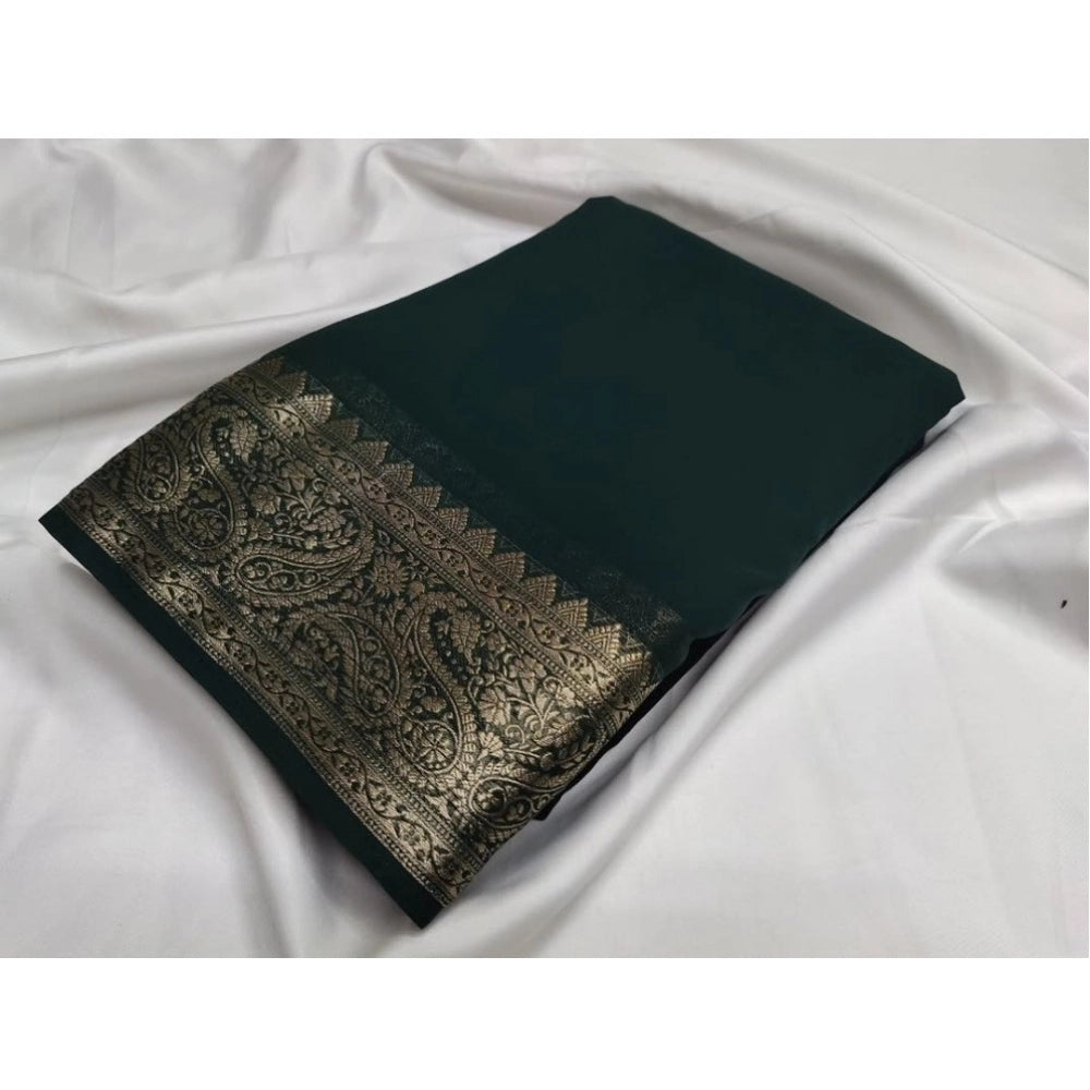 Women's Crepe Chit Pallu Solid Saree With Unstitched Blouse 5.5Mtr闁?Bottle Green)
