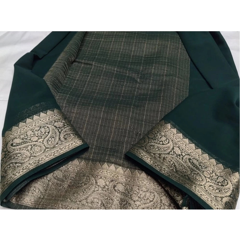 Women's Crepe Chit Pallu Solid Saree With Unstitched Blouse 5.5Mtr闁?Bottle Green)
