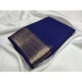 Women's Crepe Chit Pallu Solid Saree With Unstitched Blouse 5.5Mtr闁?Blue)
