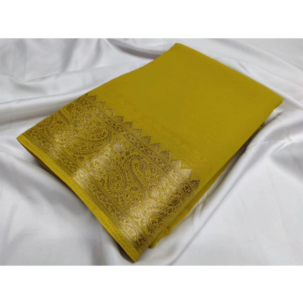 Women's Crepe Chit Pallu Solid Saree With Unstitched Blouse 5.5Mtr闁?Mustard Yellow)