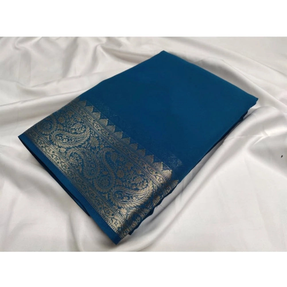 Women's Crepe Chit Pallu Solid Saree With Unstitched Blouse 5.5Mtr闁?Sea-Green)