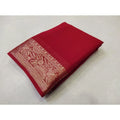 Women's Crepe Chit Pallu Solid Saree With Unstitched Blouse 5.5Mtr闁?Red)