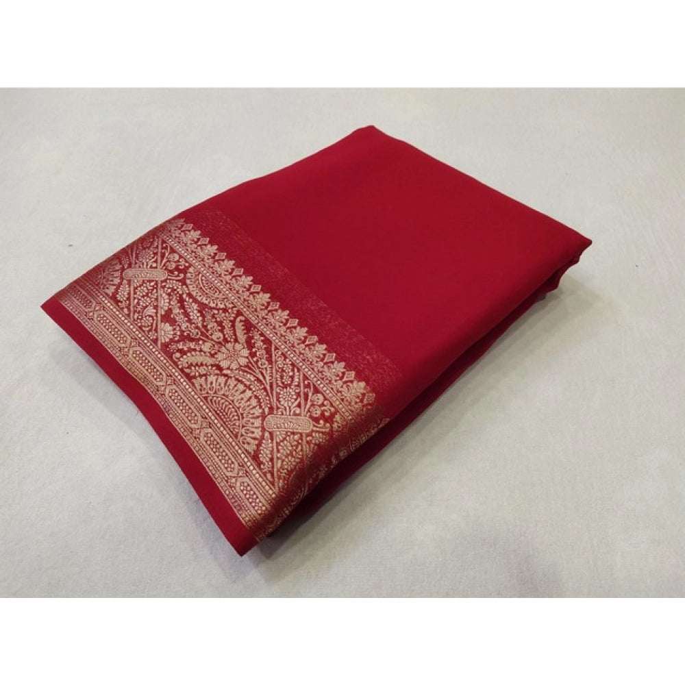 Women's Crepe Chit Pallu Solid Saree With Unstitched Blouse 5.5Mtr闁?Red)