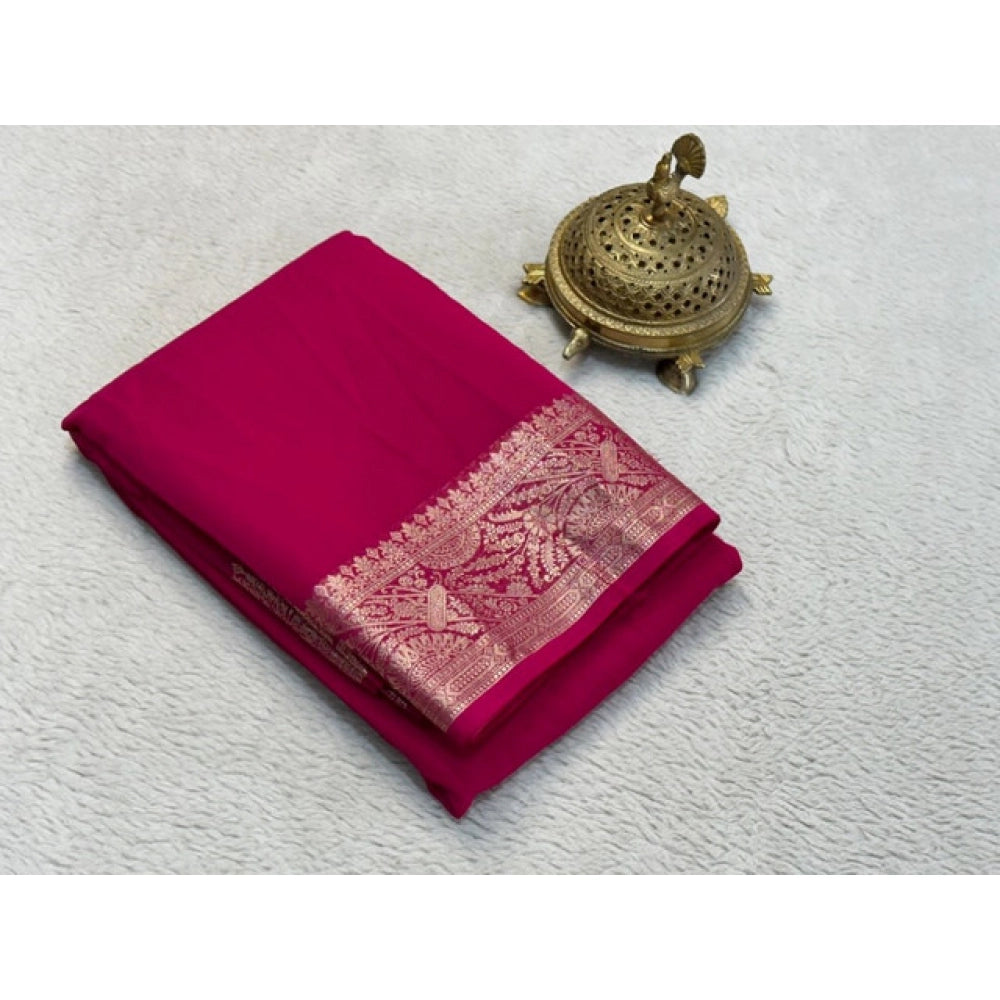Women's Crepe Chit Pallu Solid Saree With Unstitched Blouse 5.5Mtr闁?Pink)