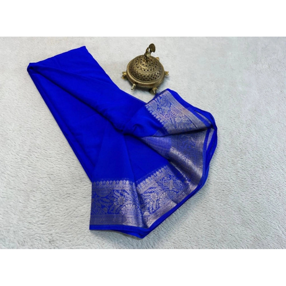 Women's Crepe Chit Pallu Solid Saree With Unstitched Blouse 5.5Mtr闁?Navy Blue)