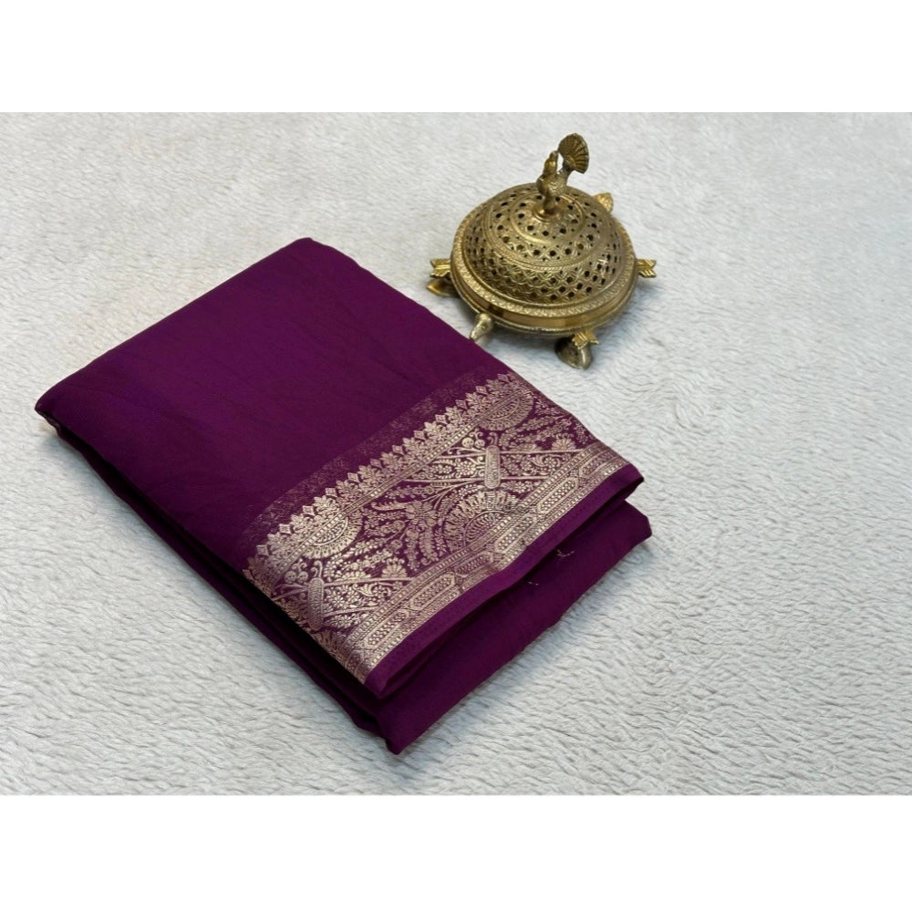 Women's Crepe Chit Pallu Solid Saree With Unstitched Blouse 5.5Mtr闁?Purple)