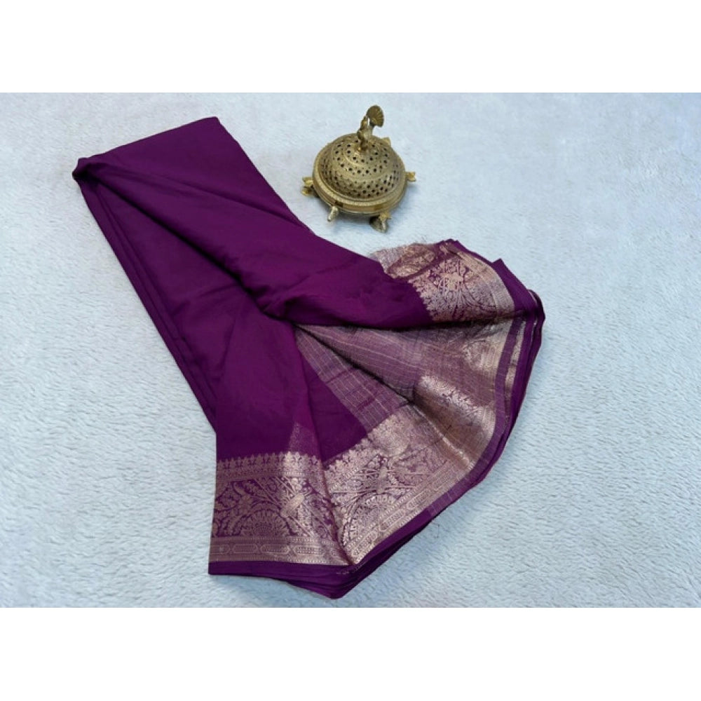 Women's Crepe Chit Pallu Solid Saree With Unstitched Blouse 5.5Mtr闁?Purple)