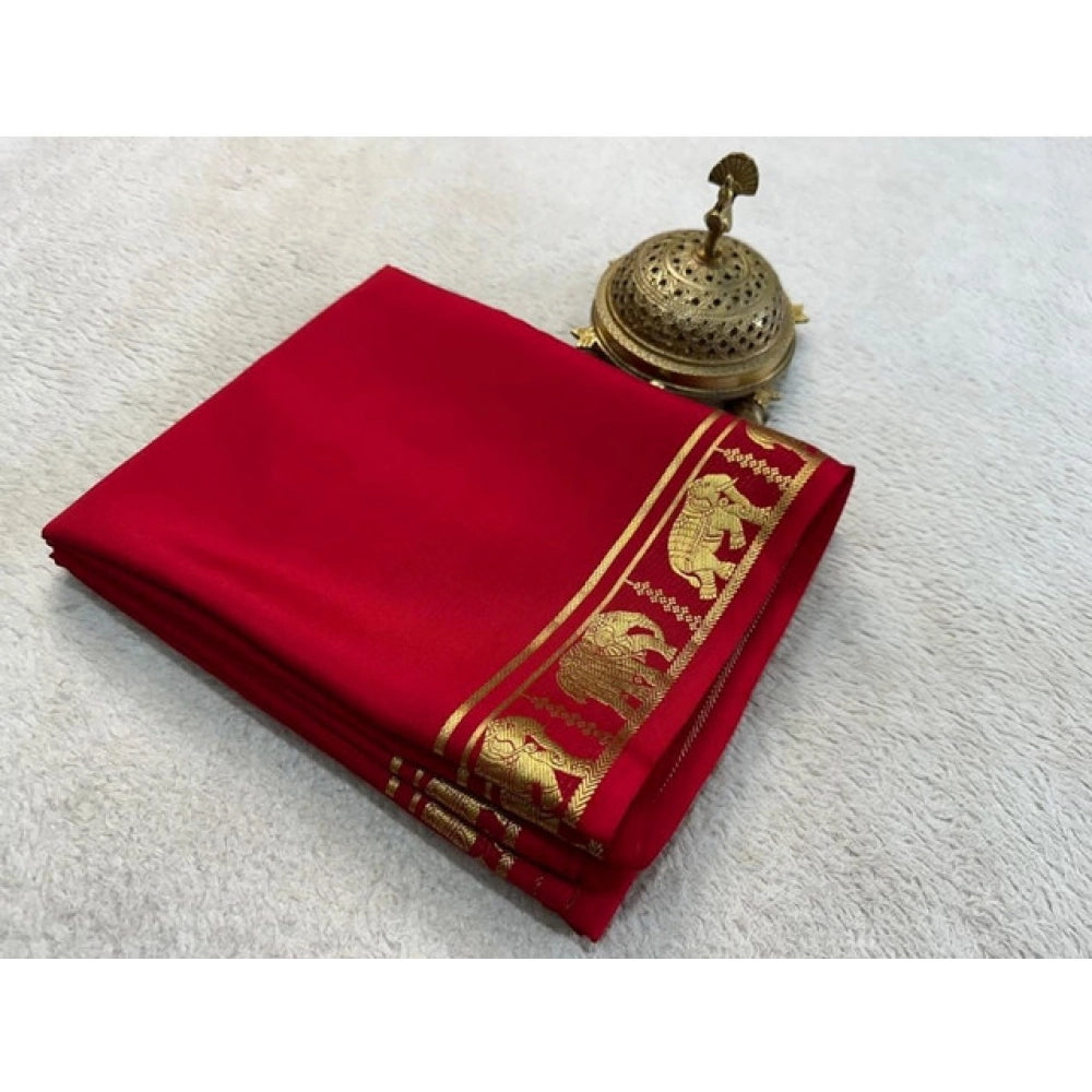 Women's Crepe Chit Pallu Solid Saree With Unstitched Blouse 5.5Mtr闁?Red)