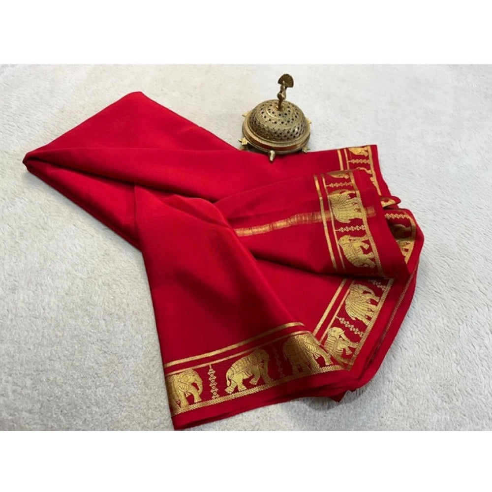 Women's Crepe Chit Pallu Solid Saree With Unstitched Blouse 5.5Mtr闁?Red)