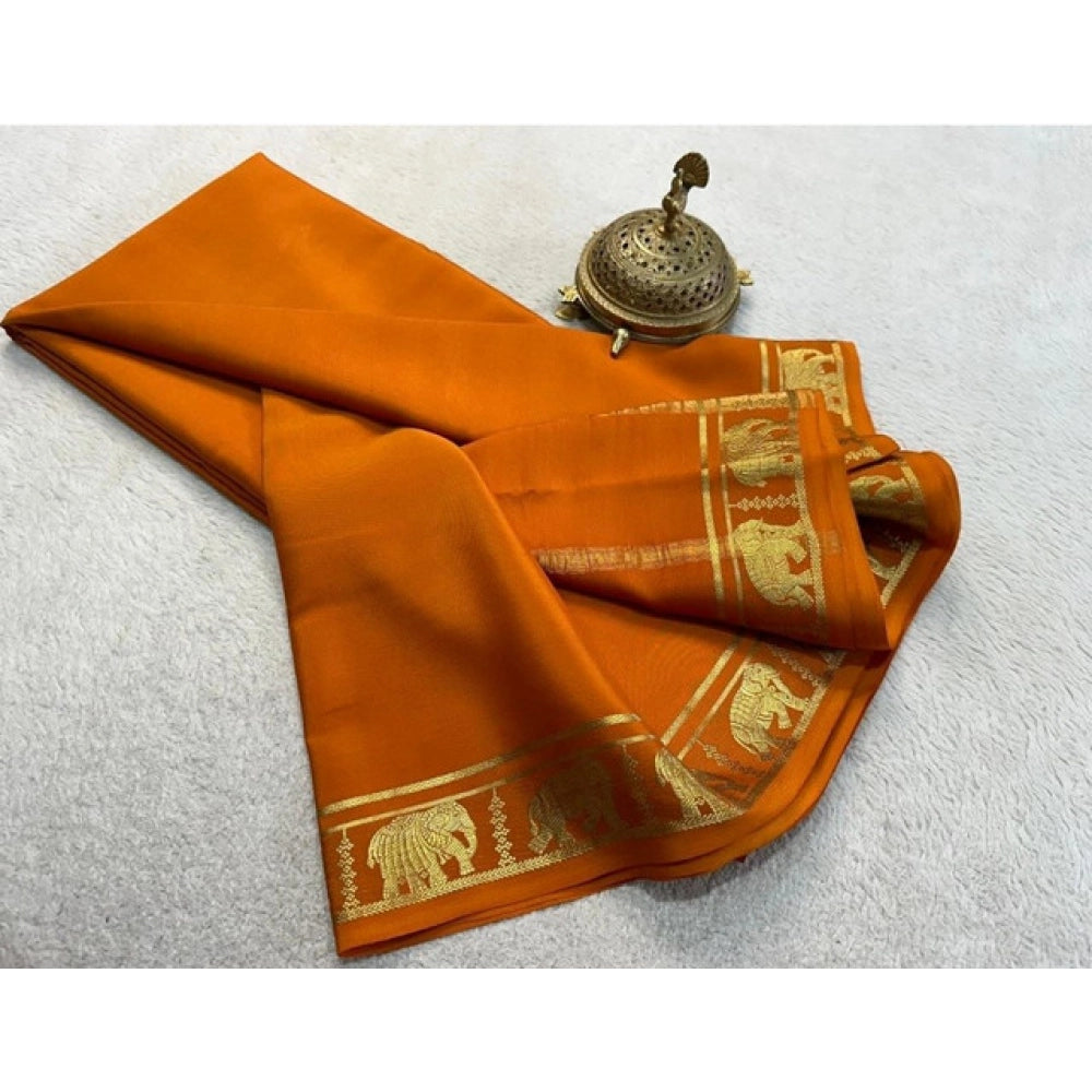 Women's Crepe Chit Pallu Solid Saree With Unstitched Blouse 5.5Mtr闁?Orange)