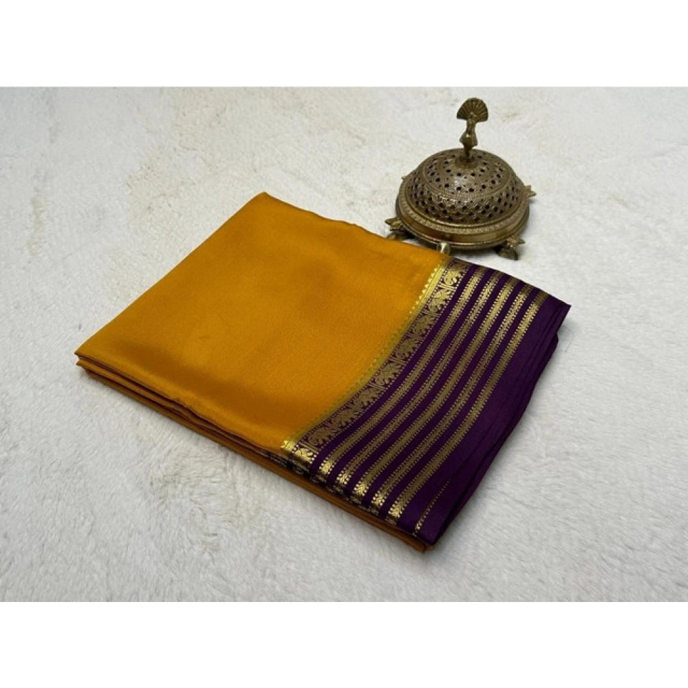 Women's Crepe Chit Pallu Solid Saree With Unstitched Blouse 5.5Mtr闁?Gold)