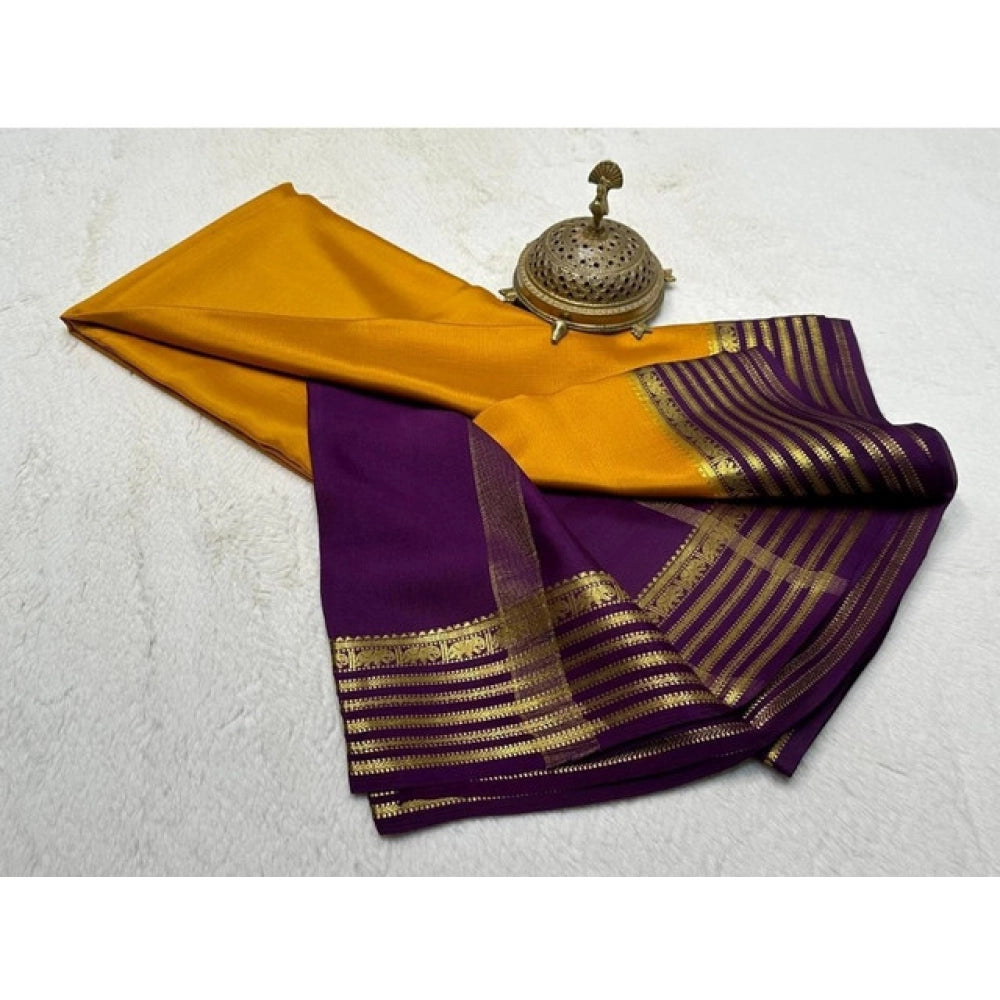 Women's Crepe Chit Pallu Solid Saree With Unstitched Blouse 5.5Mtr闁?Gold)