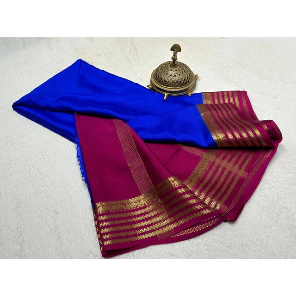 Women's Crepe Chit Pallu Solid Saree With Unstitched Blouse 5.5Mtr闁?Navy Blue)