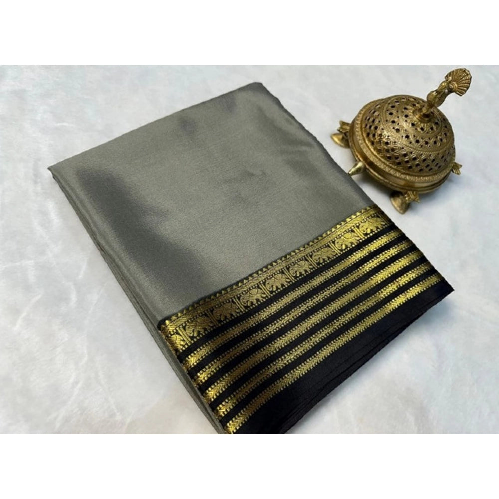 Women's Crepe Chit Pallu Solid Saree With Unstitched Blouse 5.5Mtr闁?Gray)
