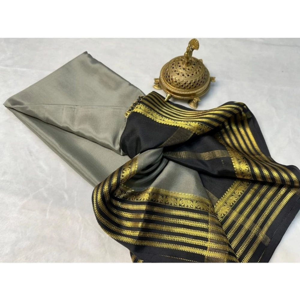 Women's Crepe Chit Pallu Solid Saree With Unstitched Blouse 5.5Mtr闁?Gray)