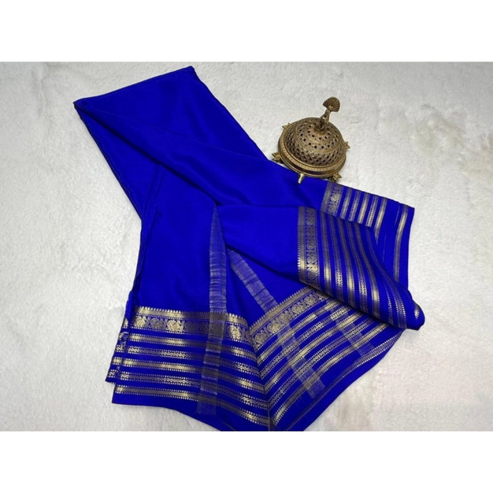 Women's Crepe Chit Pallu Solid Saree With Unstitched Blouse 5.5Mtr闁?Blue)