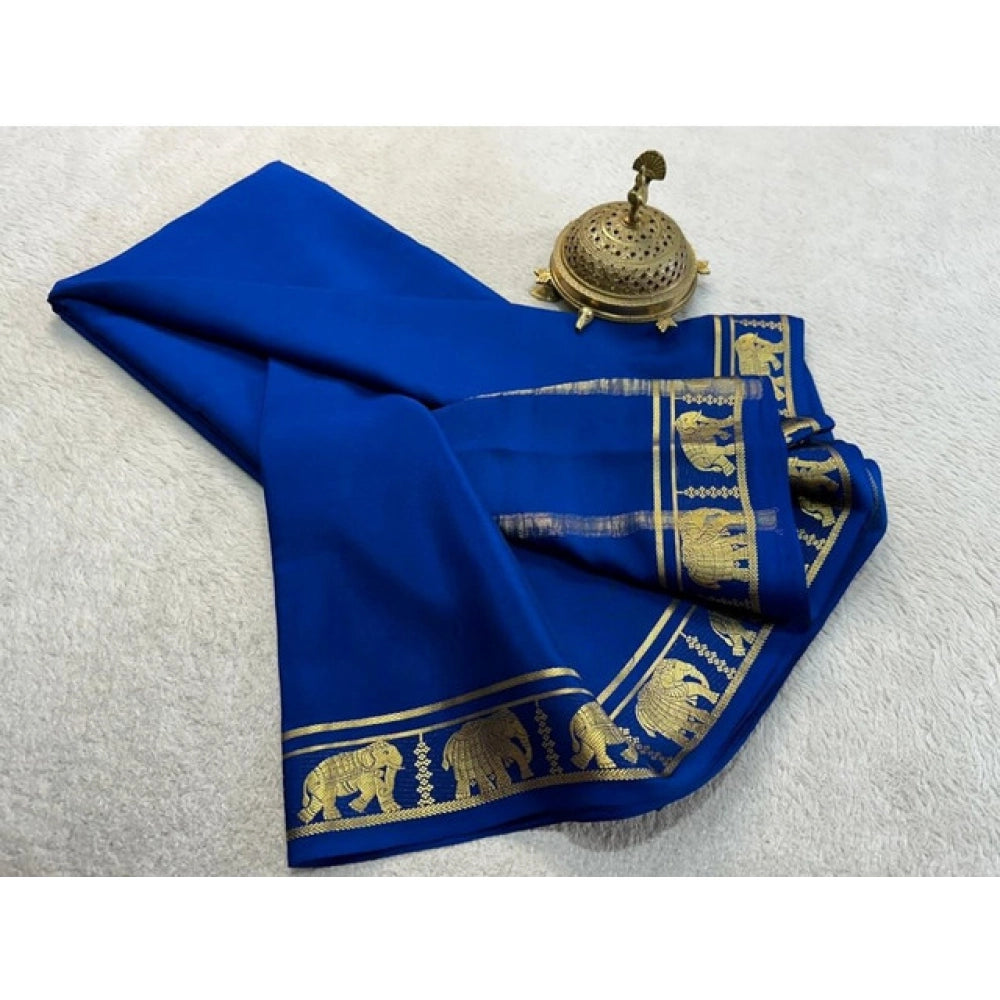 Women's Crepe Chit Pallu Solid Saree With Unstitched Blouse 5.5Mtr闁?Navy Blue)