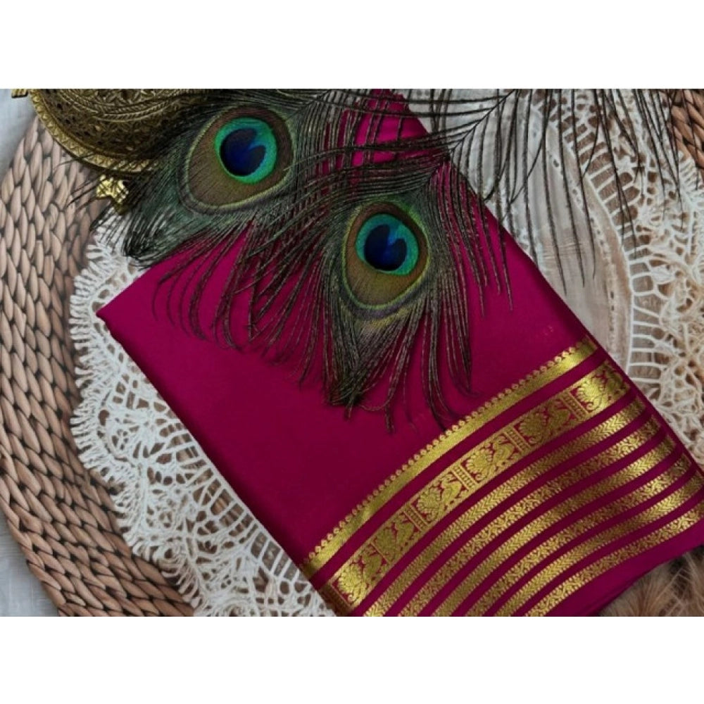 Women's Crepe Chit Pallu Solid Saree With Unstitched Blouse 5.5Mtr闁?Dark Pink)