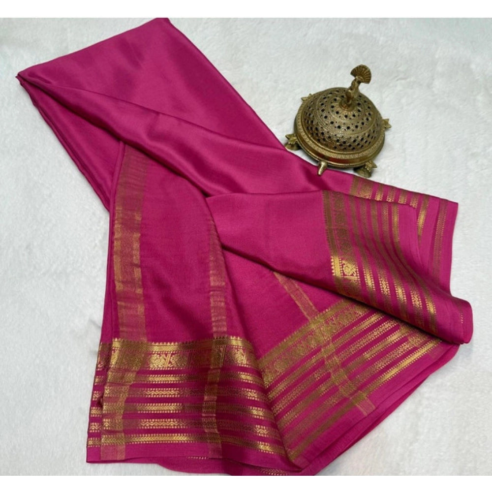 Women's Crepe Chit Pallu Solid Saree With Unstitched Blouse 5.5Mtr闁?Pink)