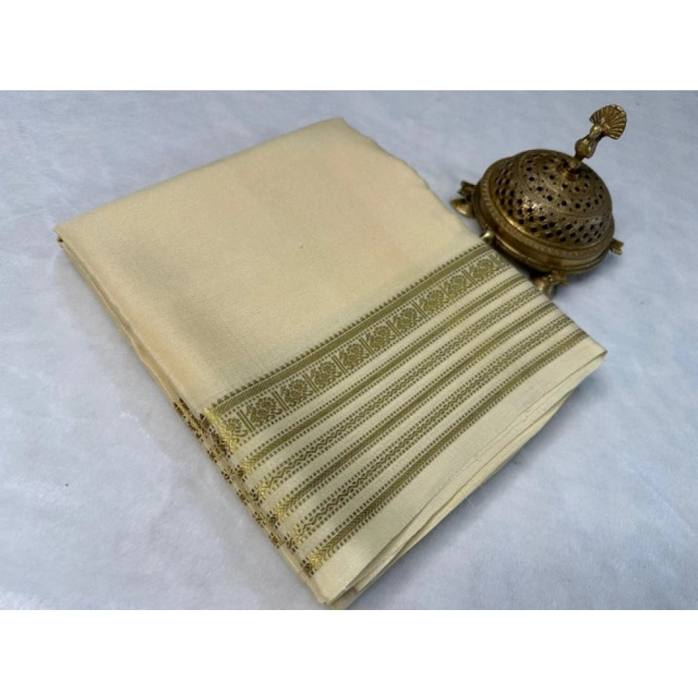 Women's Crepe Chit Pallu Solid Saree With Unstitched Blouse 5.5Mtr闁?Beige)