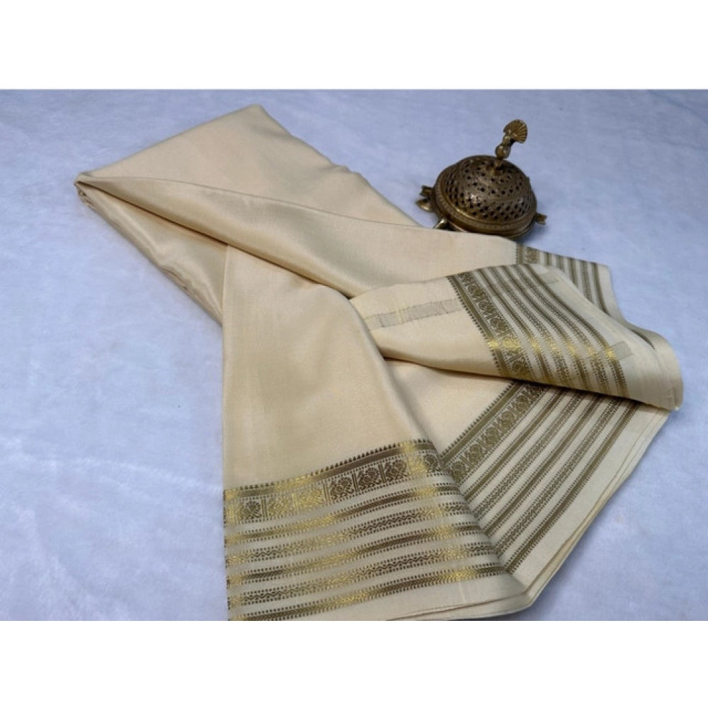 Women's Crepe Chit Pallu Solid Saree With Unstitched Blouse 5.5Mtr闁?Beige)