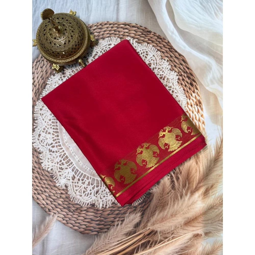 Women's Crepe Chit Pallu Solid Saree With Unstitched Blouse 5.5Mtr闁?Red)