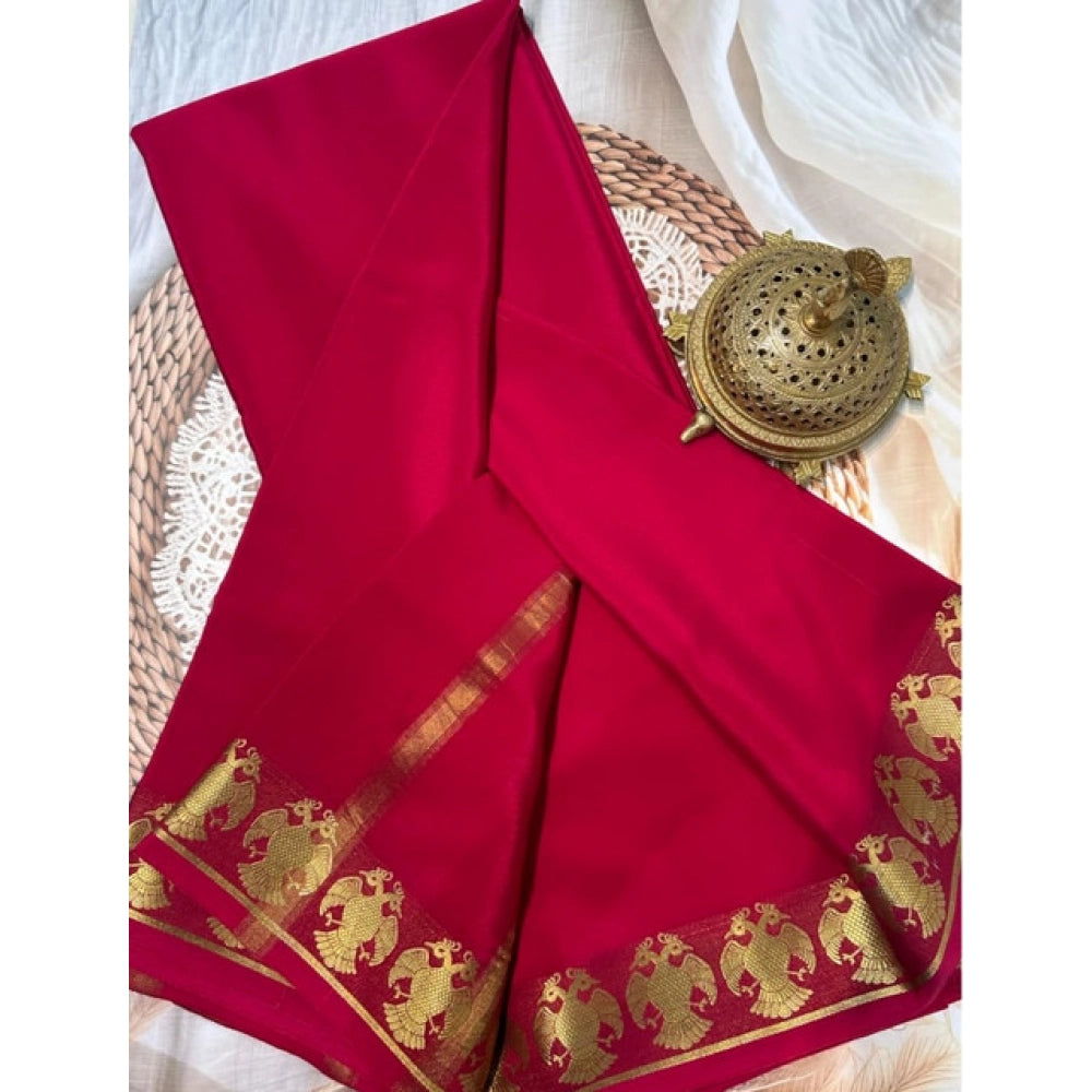 Women's Crepe Chit Pallu Solid Saree With Unstitched Blouse 5.5Mtr闁?Red)