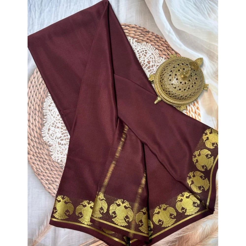 Women's Crepe Chit Pallu Solid Saree With Unstitched Blouse 5.5Mtr闁?Brown)