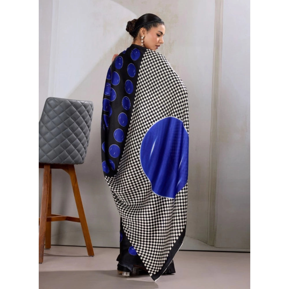 Women's Satin Crepe Printed Saree With Unstitched Blouse 5.5Mtr (Blue)