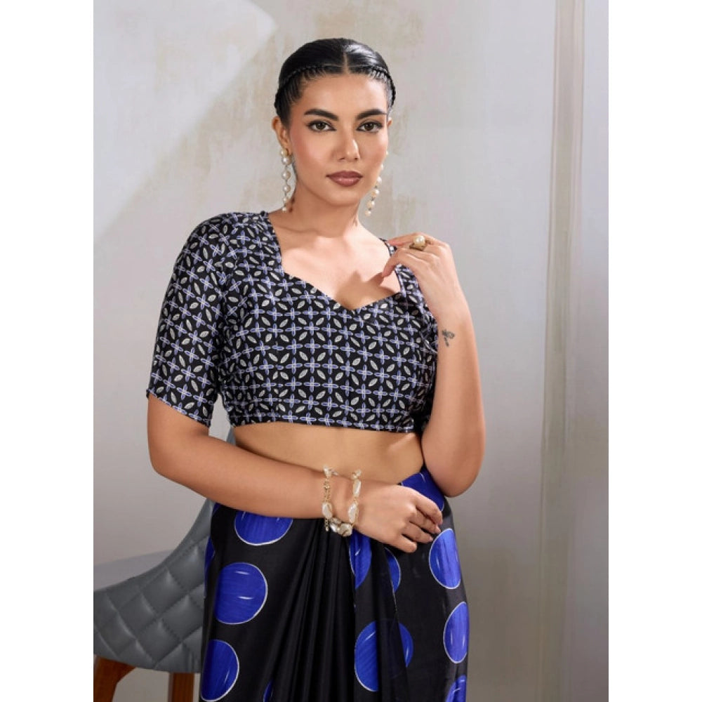 Women's Satin Crepe Printed Saree With Unstitched Blouse 5.5Mtr (Blue)