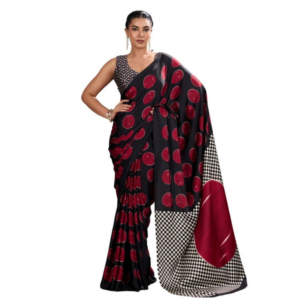 Women's Satin Crepe Printed Saree With Unstitched Blouse 5.5Mtr (Maroon)