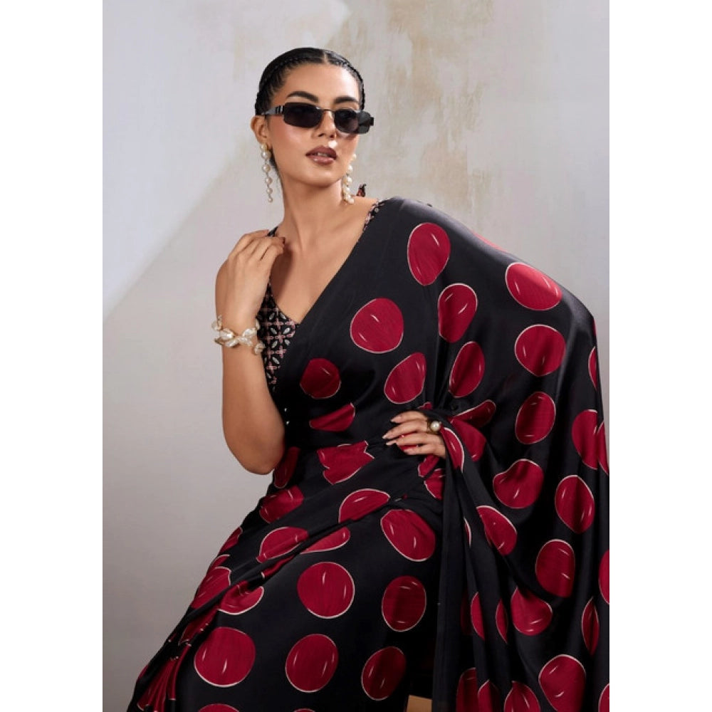 Women's Satin Crepe Printed Saree With Unstitched Blouse 5.5Mtr (Maroon)