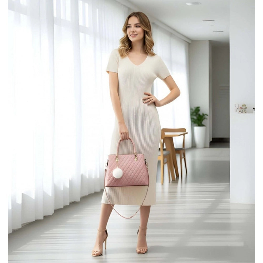 Women's PU Leather Solid Shoulder Zipper Handbag (Pink)
