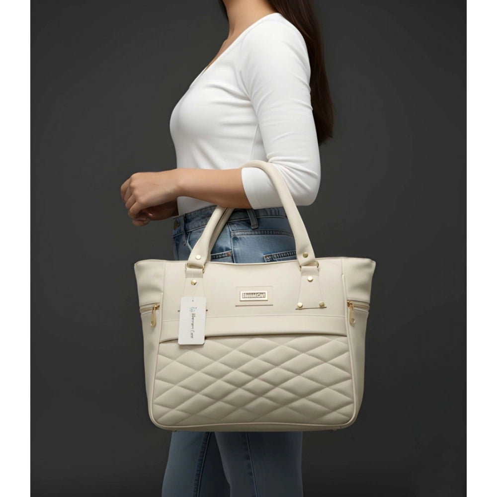 Women's PU Leather Solid Shoulder Zipper Handbag (Cream)