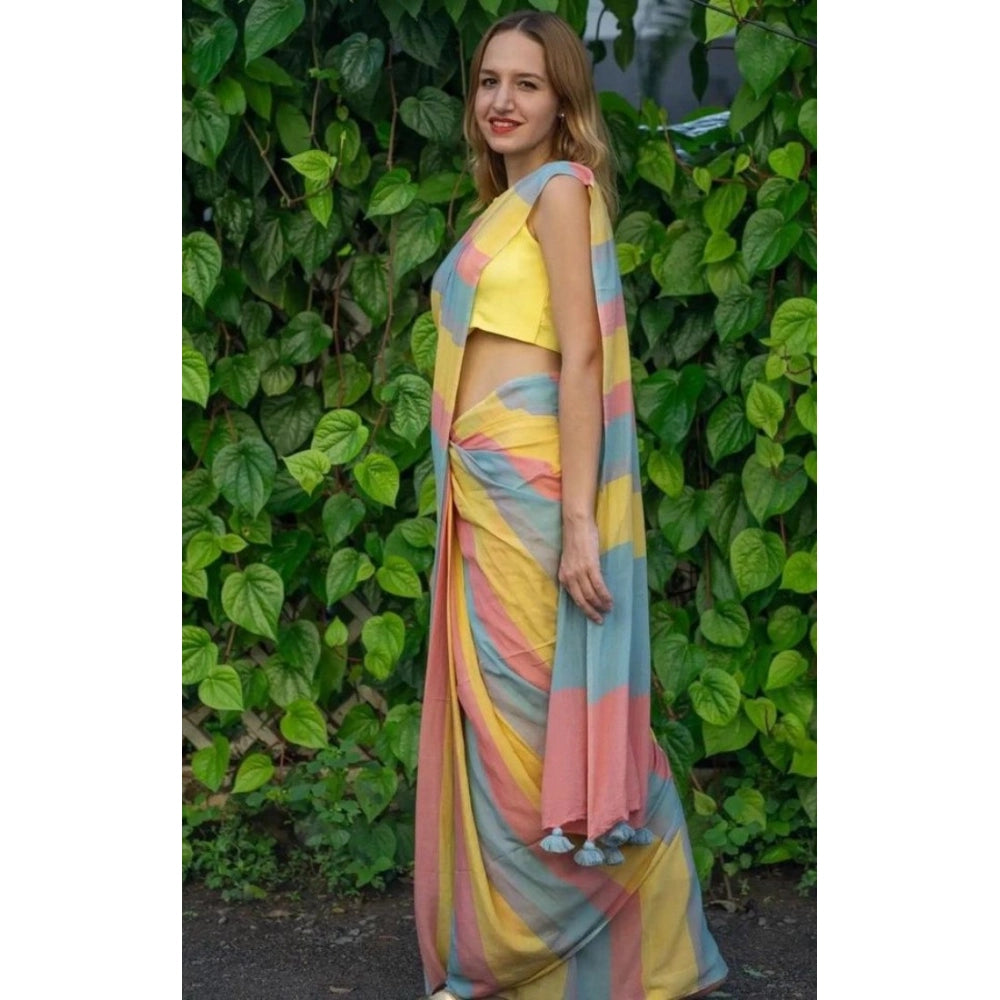 Women's Linen Printed Saree With Unstitched Blouse 5.5Mtr闁?Multicolor)
