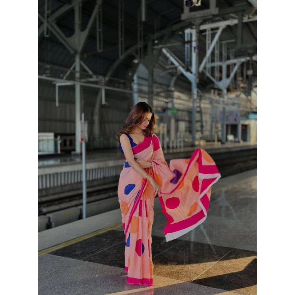 Women's Linen Printed Saree With Unstitched Blouse 5.5Mtr闁?Orange)