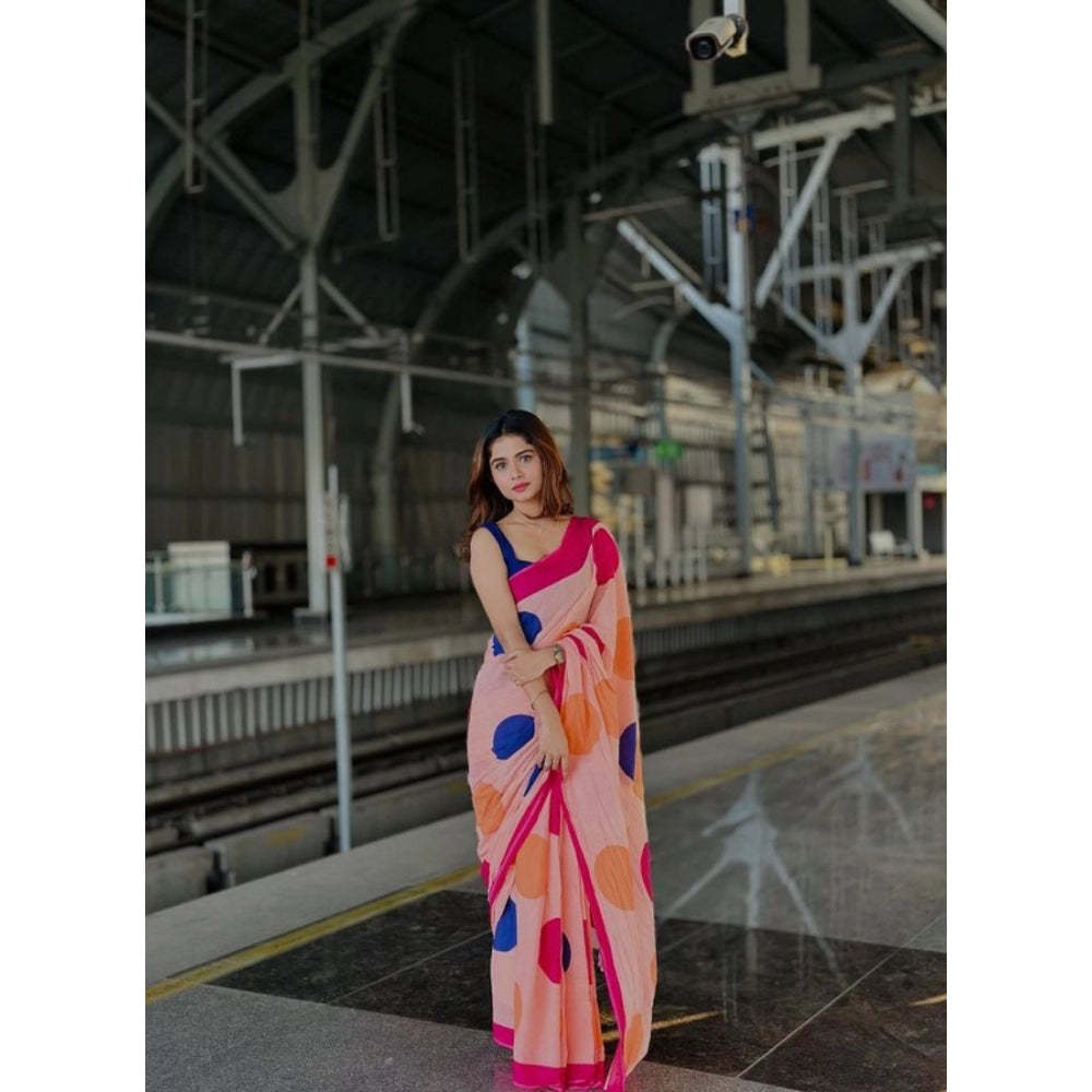 Women's Linen Printed Saree With Unstitched Blouse 5.5Mtr闁?Orange)