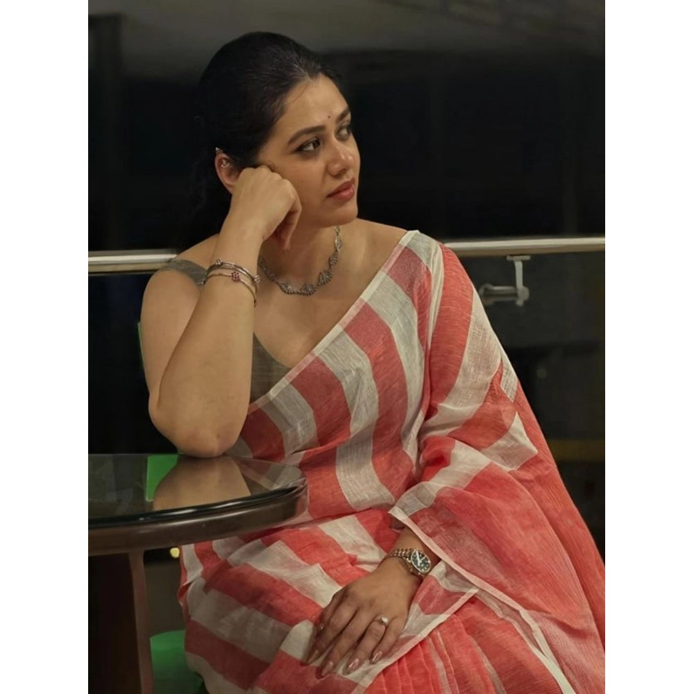 Women's Linen Printed Saree With Unstitched Blouse 5.5Mtr闁?Multicolor)