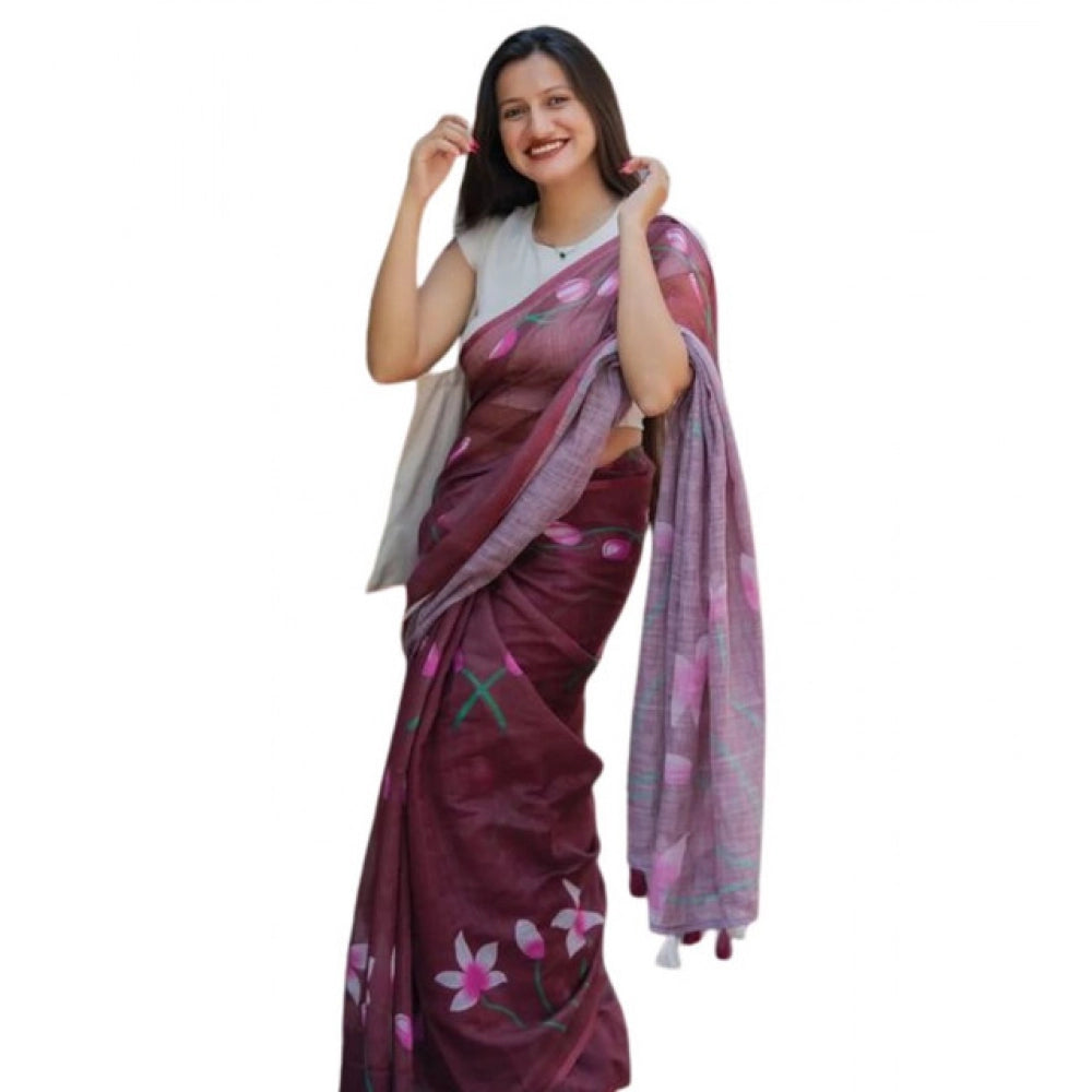 Women's Linen Printed Saree With Unstitched Blouse 5.5Mtr闁?Brown)