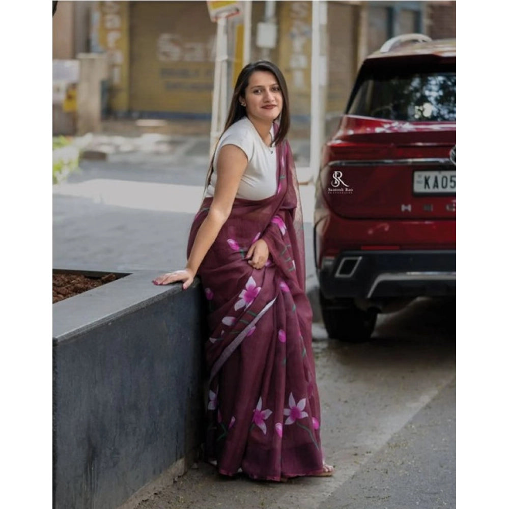 Women's Linen Printed Saree With Unstitched Blouse 5.5Mtr闁?Brown)