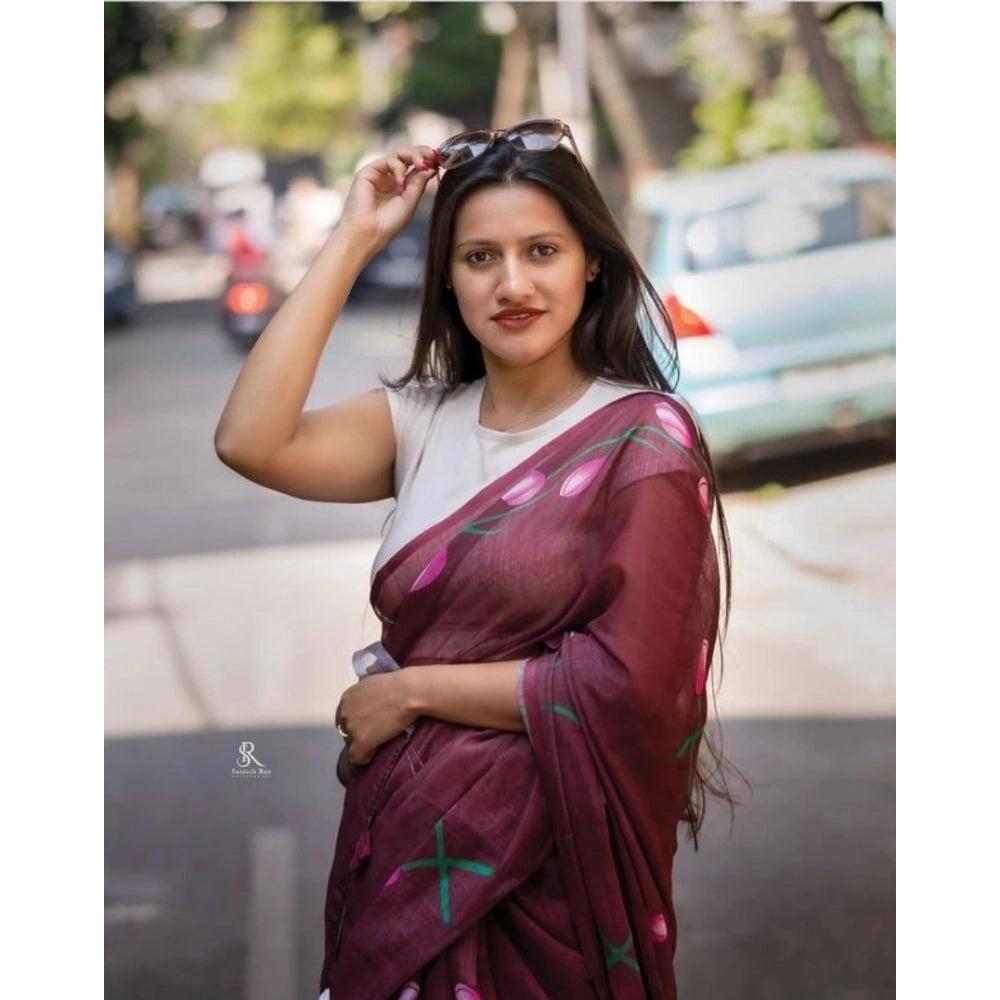 Women's Linen Printed Saree With Unstitched Blouse 5.5Mtr闁?Brown)