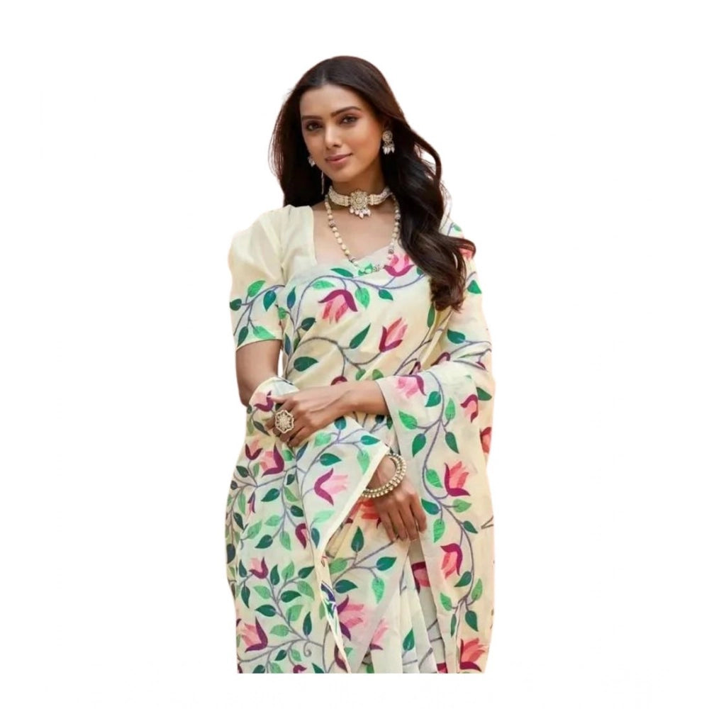 Women's Georgette Printed Saree With Unstitched Blouse 5.5Mtr闁?Cream)