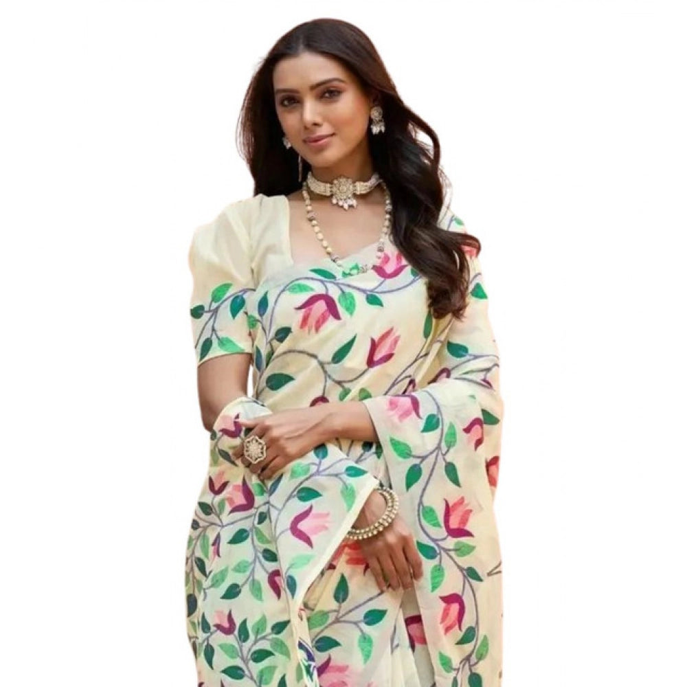 Women's Georgette Printed Saree With Unstitched Blouse 5.5Mtr闁?Cream)