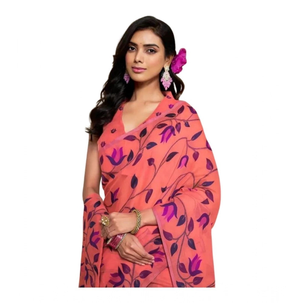 Women's Georgette Printed Saree With Unstitched Blouse 5.5Mtr闁?Peach)
