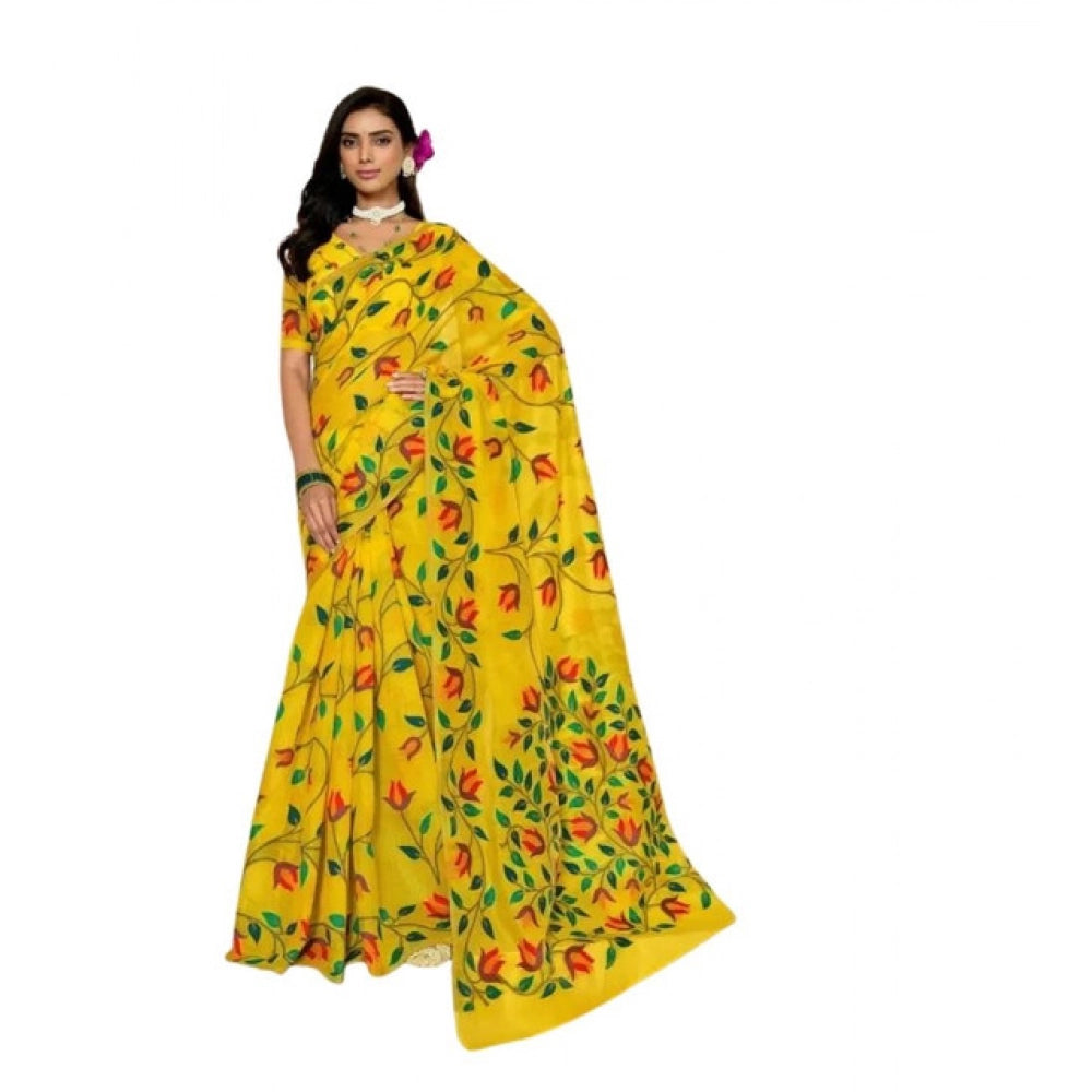 Women's Georgette Printed Saree With Unstitched Blouse 5.5Mtr闁?Yellow)